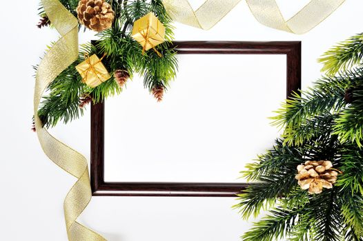 Frame paper wooden and Christmas decorations isolated on white 