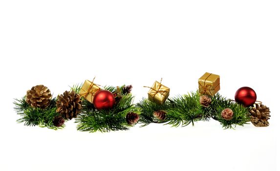 Christmas decoration of Christmas trees, gifts, cones on a white background