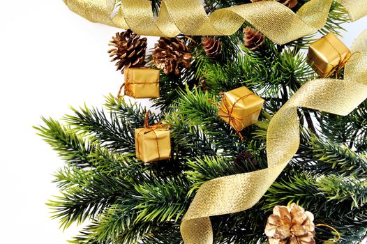Background christmas tree with pine cones and gifts on white background