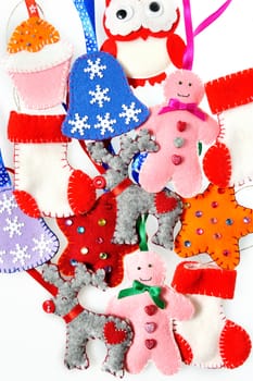 Texture of Christmas toys, handmade fleece. Beautiful Christmas background 