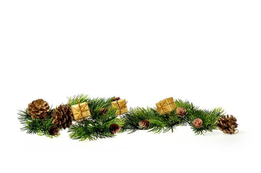 Christmas decorations of Christmas tree and gifts on white background