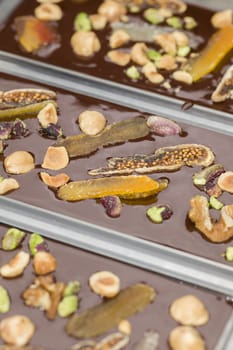 Ingredients for preparation of artisanal chocolate bar with dried fruits