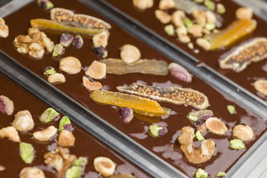 Ingredients for preparation of artisanal chocolate bar with dried fruits