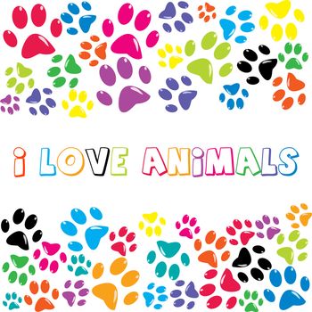 I Love Animals text with colorful paws print