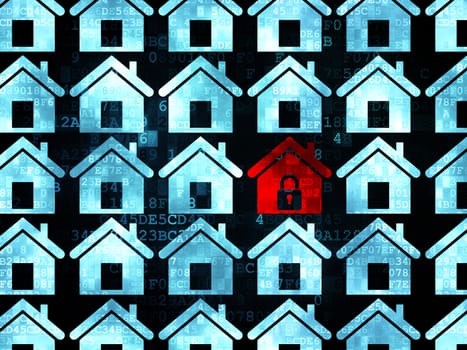 Safety concept: rows of Pixelated blue home icons around red home icon on Digital background, 3d render