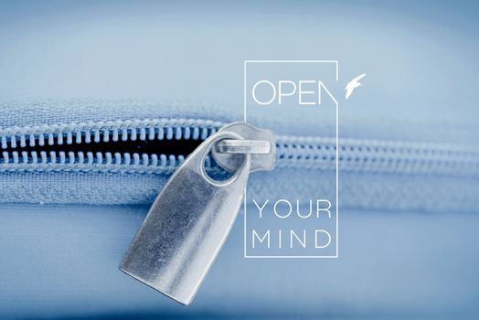 Open your mind motivational inspiring quote concept with retro macro zipper shut background hipster style ideal for print card and poster design.