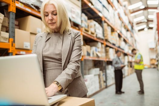 Focused warehouse manager working on laptop in a large warehouse