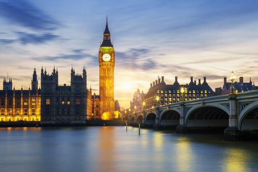 Big Ben clock tower in London at sunset, UK.