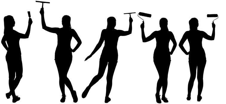 Set silhouettes of woman making house improvement using brushes