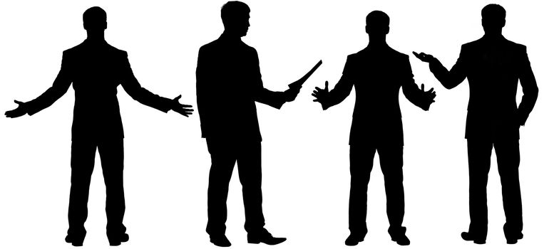 Black silhouettes of businessman standing in different postures, making speech, reading document