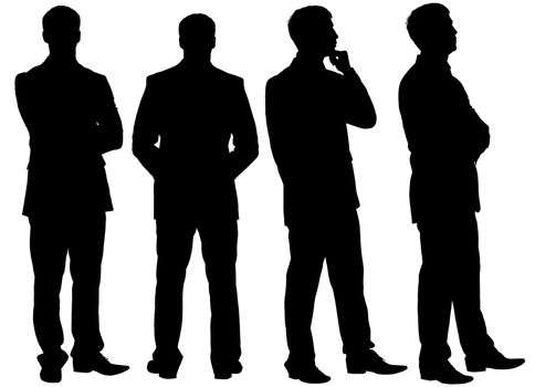 Silhouettes of thinking businessman in different postures looking at camera, different views