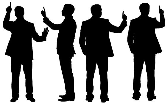 Set of exclaiming businessmen with pionter finger up in different poses