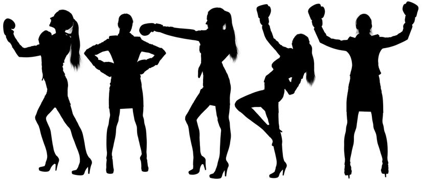 Set silhouettes of woman in boxing. Woman in suit and high heels with boxing gloves