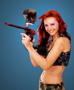 Low Poly Portrait of a Sexy young girl posing like playing paintball Two young beautiful girls posing like playing paintball