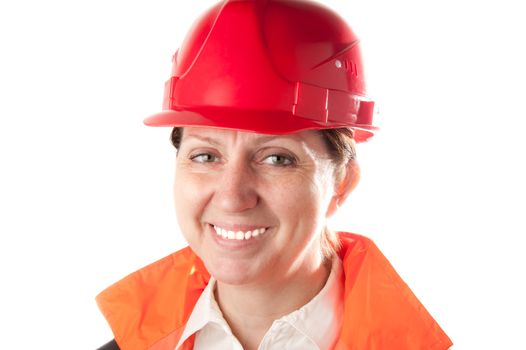 Caucasian mature woman in a red helmet and workwear, isolated on a white background.