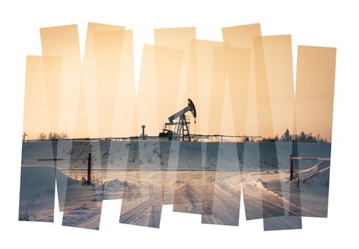 Oil industry abstract composition background. Oil and gas industry. Photo collage toned. Isolate on a white.