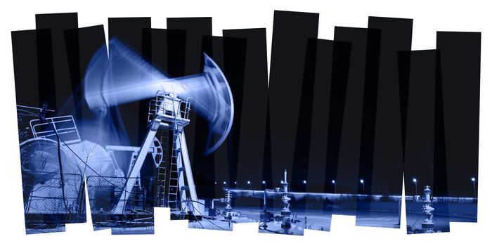 Oil and gas industry abstract composition background. Panoramic of a pumpjack. Night view. 