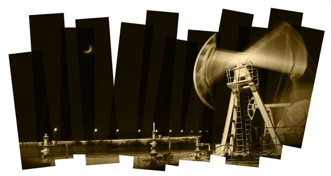 Oil industry abstract composition background. Panorama of a pumpjack. Night view.