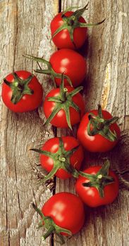 Perfect Ripe Raw Cherry Tomatoes with Stems In a Row on Rustic Wooden background