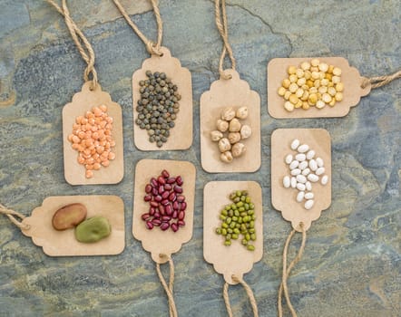 legume abstract (fava bean, red lentils, adzuki bean, soy, mung bean,navy bean, yellow pea, French lentils) - top view of paper price tags against slate stone