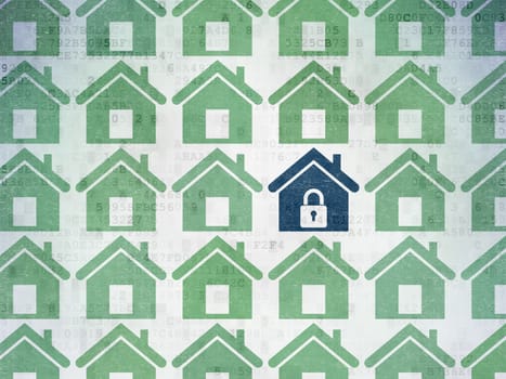 Safety concept: rows of Painted green home icons around blue home icon on Digital Paper background, 3d render