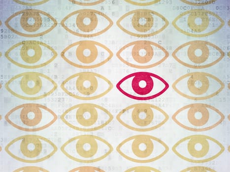Security concept: rows of Painted yellow eye icons around red eye icon on Digital Paper background, 3d render