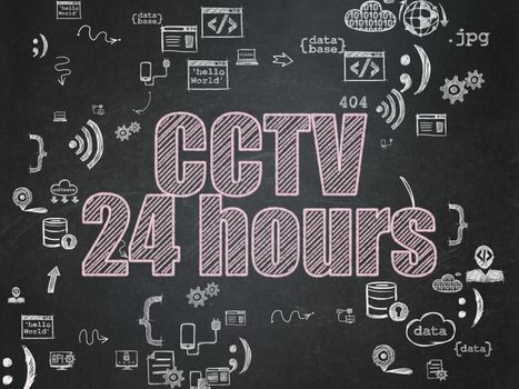 Protection concept: Chalk Pink text CCTV 24 hours on School Board background with Scheme Of Hand Drawn Programming Icons, 3d render