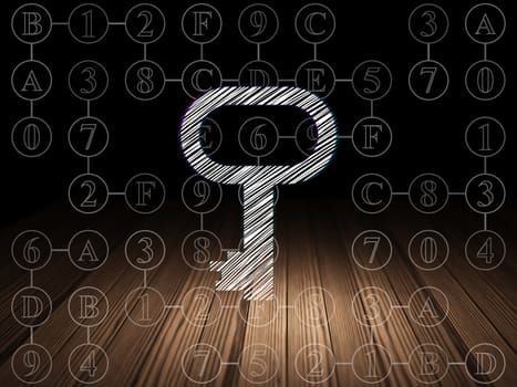 Security concept: Glowing Key icon in grunge dark room with Wooden Floor, black background with Scheme Of Hexadecimal Code, 3d render