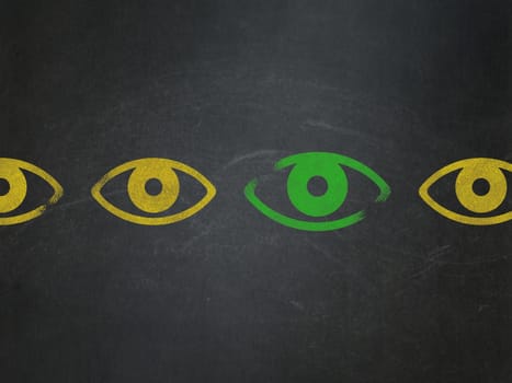 Safety concept: row of Painted yellow eye icons around green eye icon on School Board background, 3d render