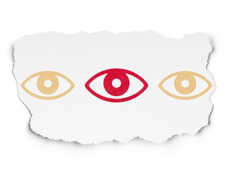 Safety concept: row of Painted yellow eye icons around red eye icon on Torn Paper background, 3d render