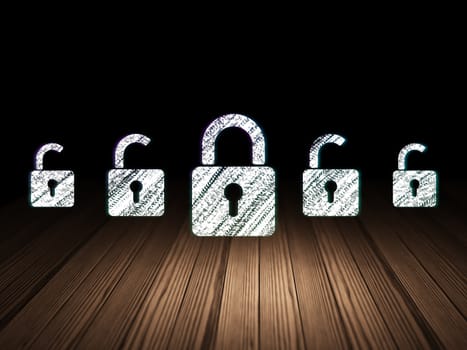 Safety concept: row of Glowing opened padlock icons around closed padlock icon in grunge dark room Wooden Floor, dark background, 3d render