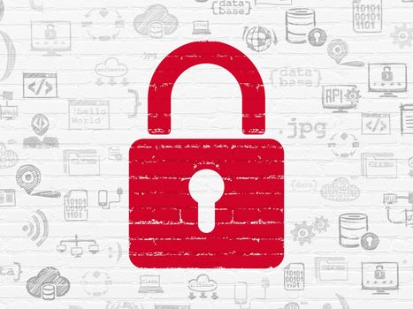 Security concept: Painted red Closed Padlock icon on White Brick wall background with  Hand Drawn Programming Icons, 3d render