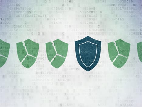 Safety concept: row of Painted green broken shield icons around blue shield icon on Digital Paper background, 3d render