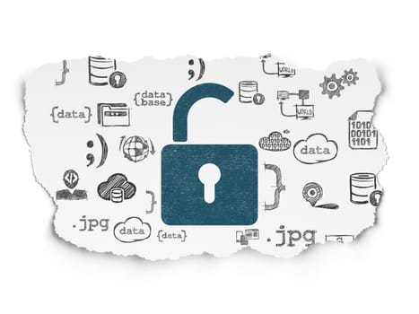 Protection concept: Painted blue Opened Padlock icon on Torn Paper background with  Hand Drawn Programming Icons, 3d render