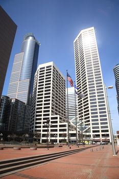 Skyscrapers of Minneapolis surround a courtyard.