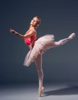 Portrait of the ballerina in ballet pose on a grey background. Ballerina is wearing  pink tutu and pointe shoes