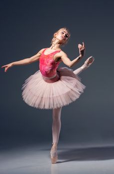 Portrait of the ballerina in ballet pose on a grey background. Ballerina is wearing  pink tutu and pointe shoes