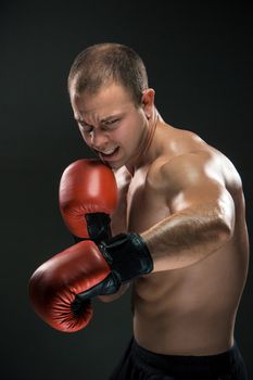 Young boxer in red gloves boxing over black background