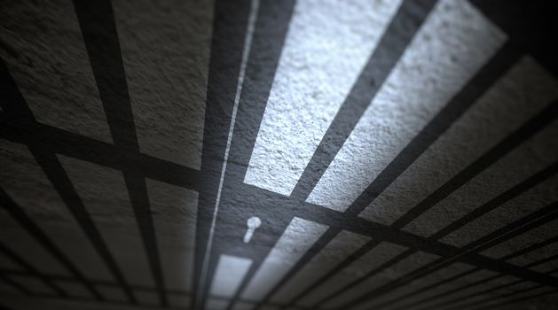 Jail cells shadows on the prison floor.