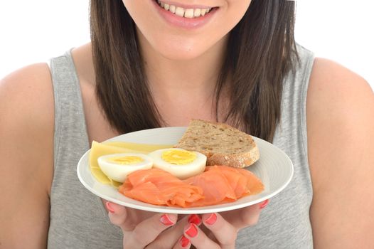 Attractive Young Woman Holding a Typical Healthy Norwegian Breakfast of Eggs Cheese and Smoked Salmon