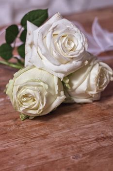 three white roses on a old wooden base