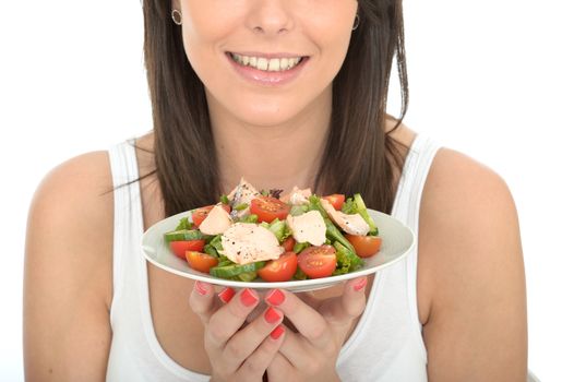 Attractive Healthy Young Woman Holding a Plate of Chicken Salad