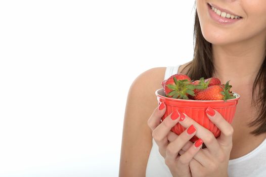 Attractive Healthy Happy Young Woman Holding a Bowl of Fresh Ripe Juicy Strawberries