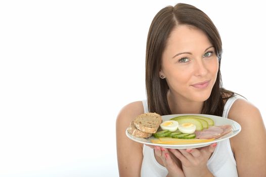 Healthy Happy Young Woman Holding a Plate of Typical Norwegian or Scandinavian Style Breakfast