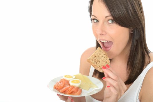 Healthy Happy Young Woman Holding a Plate of Norwegian or Scandinavian Style Breakfast