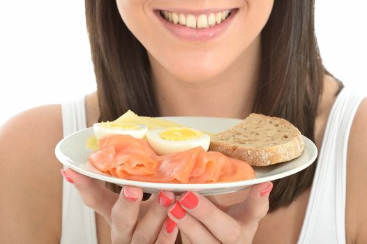 Healthy Happy Young Woman Holding a Plate of Norwegian or Scandinavian Style Breakfast
