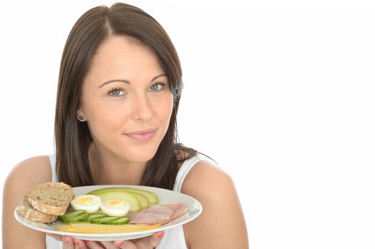 Healthy Happy Young Woman Holding a Plate of Typical Norwegian or Scandinavian Style Breakfast
