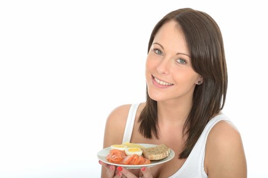 Healthy Happy Young Woman Holding a Plate of Norwegian or Scandinavian Style Breakfast