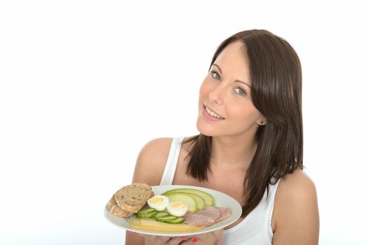 Healthy Happy Young Woman Holding a Plate of Typical Norwegian or Scandinavian Style Breakfast