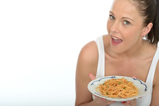 Attractive Healthy Happy Young Woman Holding a Plate of Spaghetti